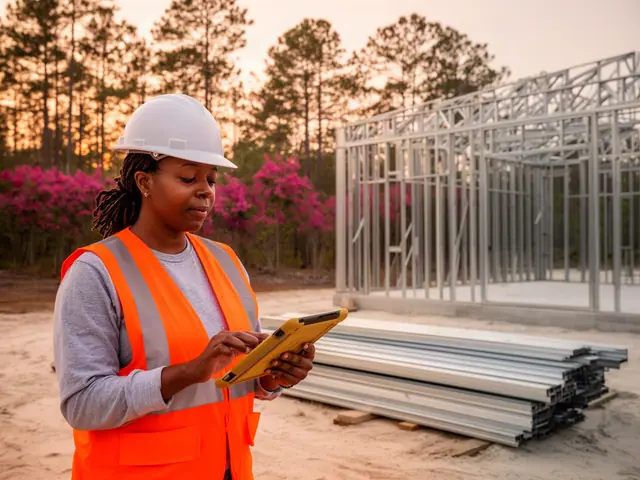Contractor in a white hard hat and orange safety vest checks a yellow-cased tablet beside steel framing