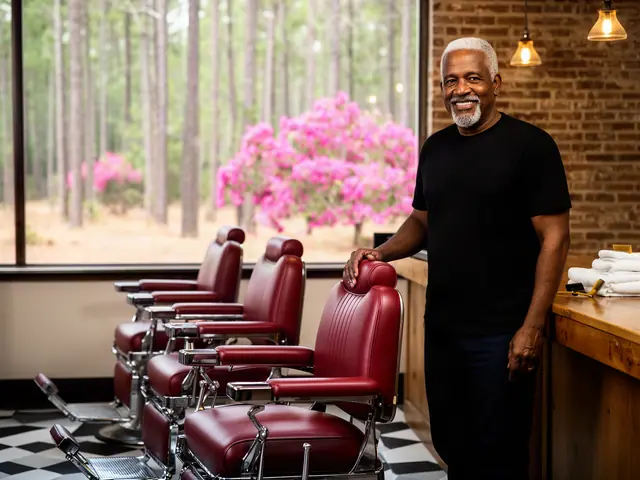 Barbershop owner standing beside a row of new oxblood leather barber chairs