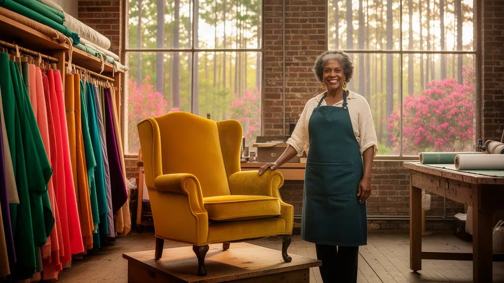Upholsterer in a denim apron stands beside a mustard velvet wingback chair in a brick workshop with fabric bolts