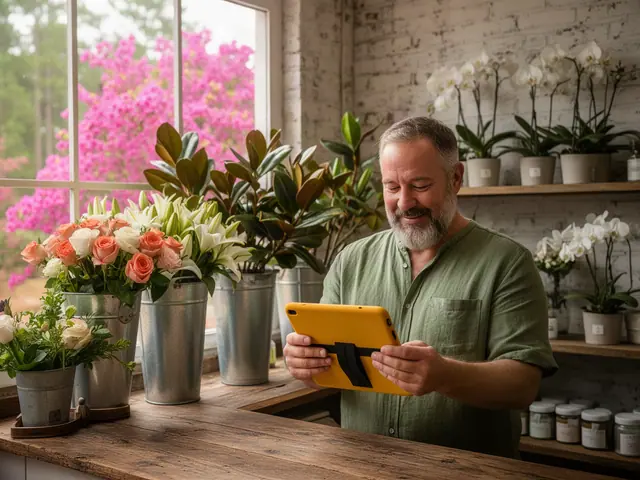 Bearded florist smiles at a yellow-cased tablet behind a wooden counter with roses, lilies and magnolia branches