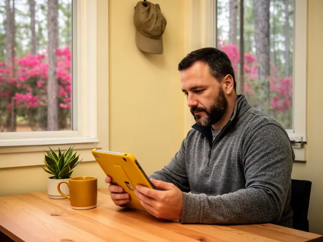 Electrical contractor reviewing a yellow tablet at a wooden desk