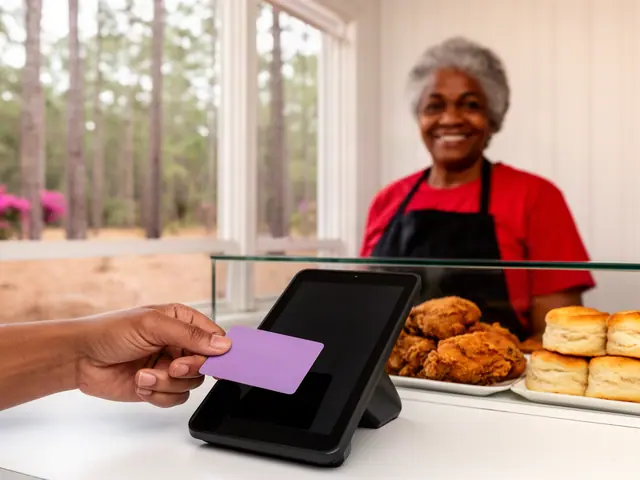 Customer hand holds a blank lilac card to a black card terminal at a bakery counter with fried chicken and biscuits