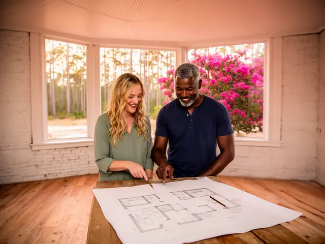 Two business partners smile while pointing at a floor plan spread on a wooden table in an empty room