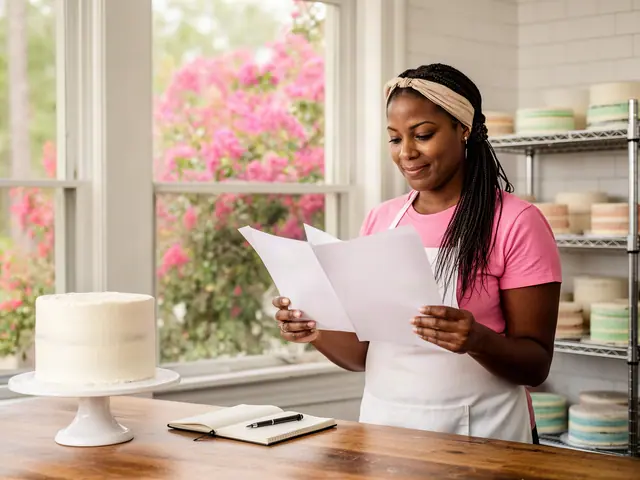 Cake baker reading invoice sheets at a table beside a white layer cake